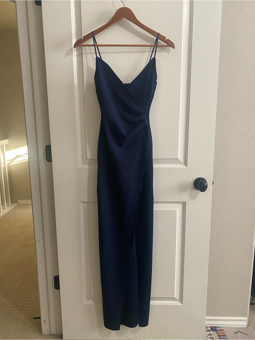 Navy Maxi Dress with Spaghetti Straps High Slit